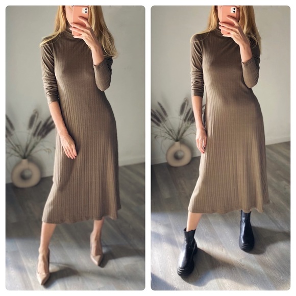 Ribbed Knitted Turtleneck ZARA Dress Taupe Grey - Picture 3 of 6